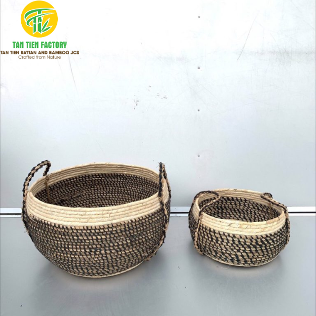 Corn Husk Coiled Storage Basket with Side Handles
