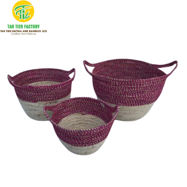 Corn Husk Storage Basket, Bowl Shape, Burgundy Top, Natural Base, Side Handles