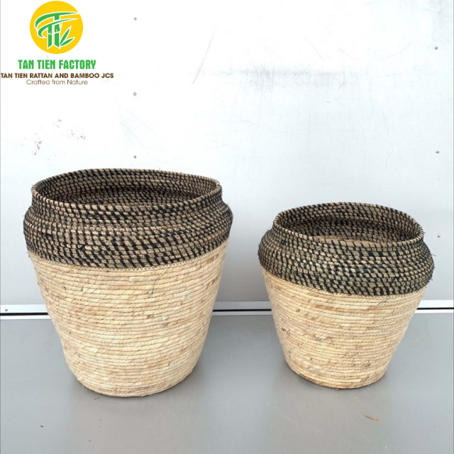 Corn Husk Storage Basket, Natural Body with Black Woven Top