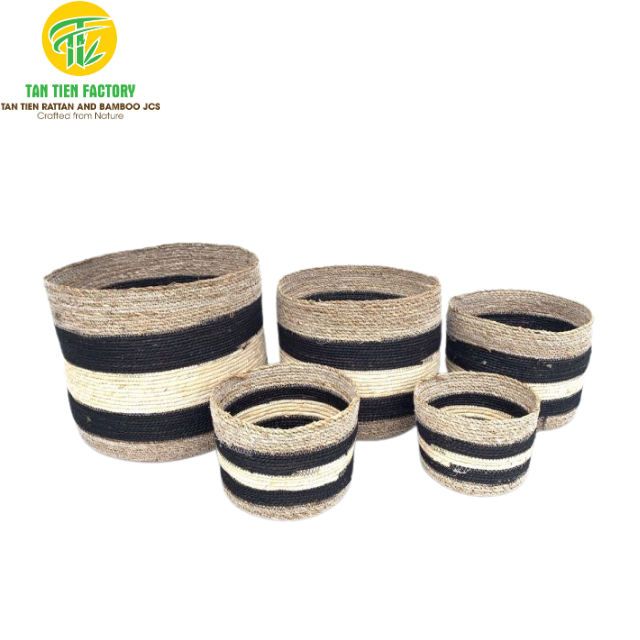 Corn Husk Storage Basket, Round, Black and Cream Stripes