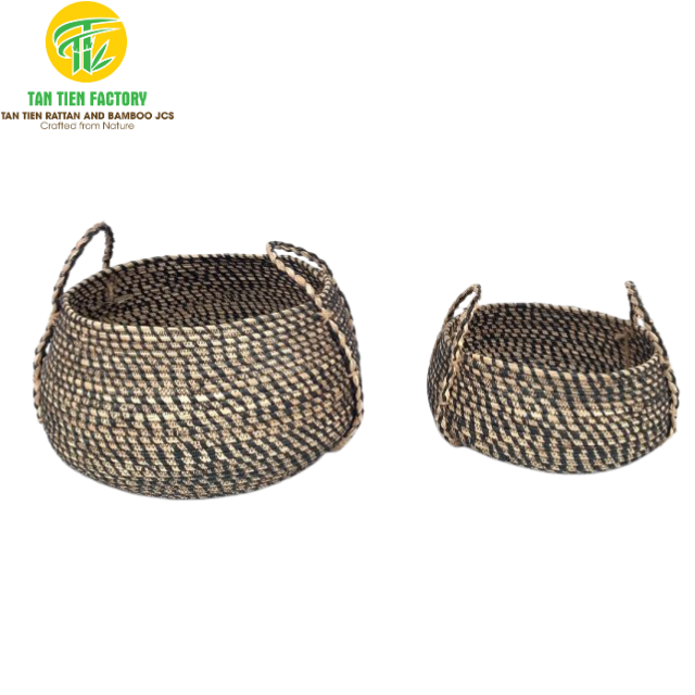 Corn Husk Storage Basket, Round Bowl Shape, Black and Natural, Side Handles