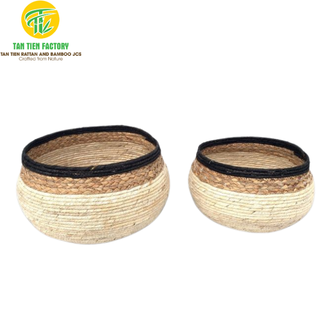 Corn Husk Storage Basket, Round Bowl Shape, Cream, Brown and Black