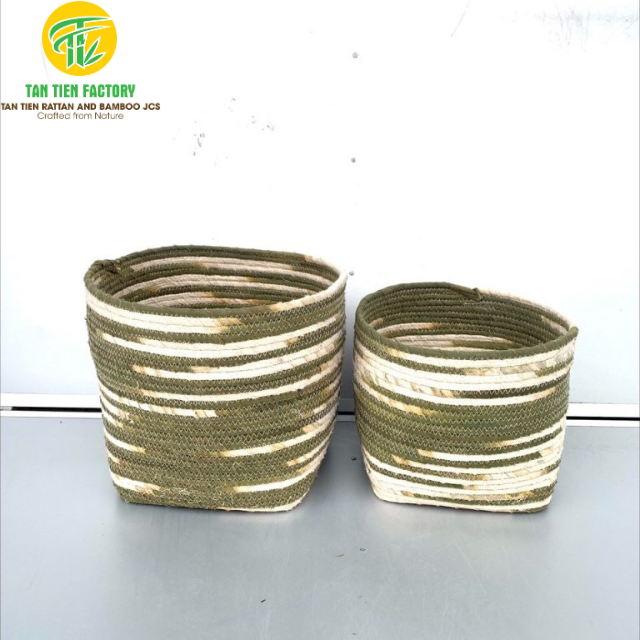 Corn Husk Storage Basket, Round, Olive Green and Cream Stripes