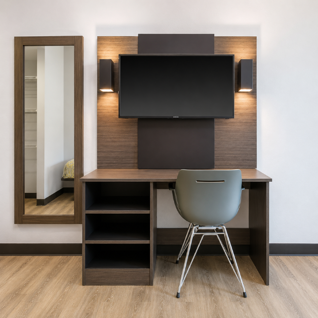 Exclusive Wall Mounted Bench Motel 6 Hospitality Furniture Package with Commercial Bedroom Casegoods Vietnam OEM Supplier - Image 4