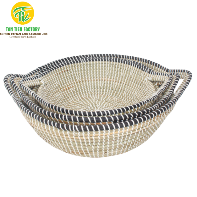 Handmade Seagrass Shallow Storage Baskets with Black Trim and Side Handles