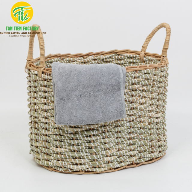 Handmade Seagrass Storage Basket with Woven Handles, Natural Green & White
