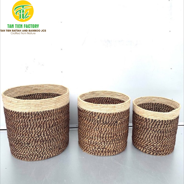 Handwoven Corn Husk Storage Basket, Dark Brown and Natural