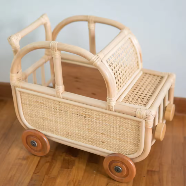 Handwoven Rattan Kids Toy Stroller - Doll Pram Wooden Wheels - Vietnam Handicraft Factory OEM ODM - Image 4