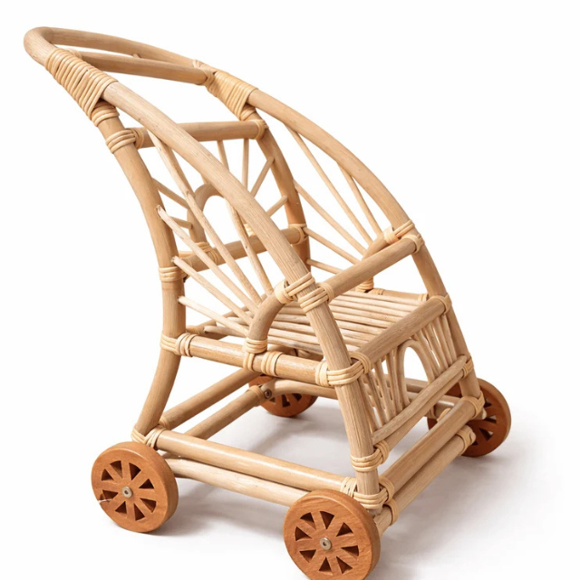 Handwoven Rattan Kids Toy Stroller - Doll Pram Wooden Wheels - Vietnam Handicraft Factory OEM ODM
