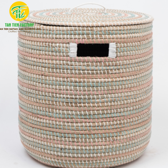 Handwoven Seagrass Laundry Basket with Lid and Cut-Out Handles, Pastel Striped