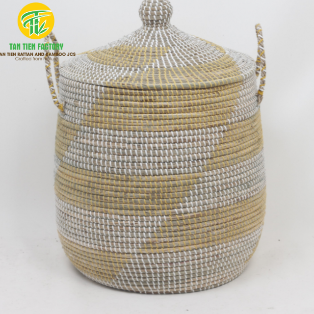 Handwoven Seagrass Laundry Basket with Lid and Handles, Natural & Mustard Zigzag, Three Sizes