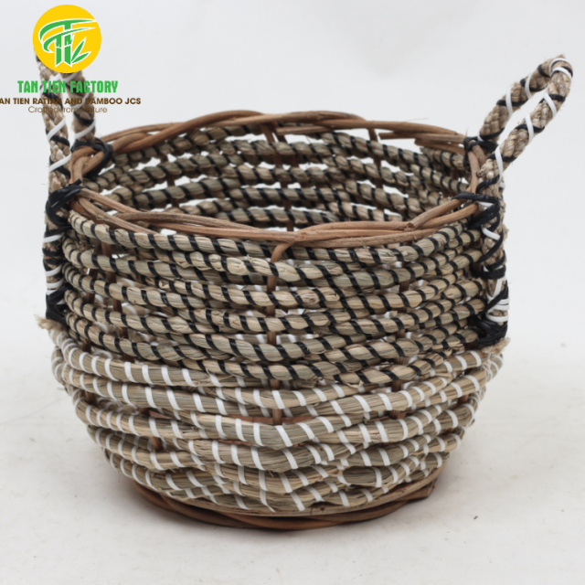 Handwoven Seagrass Storage Basket with Handles, Black & White Two-Tone