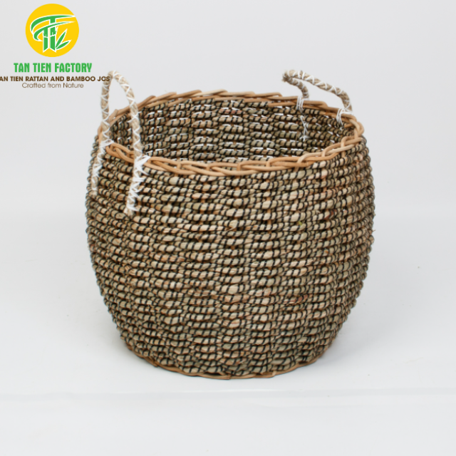 Handwoven Seagrass Storage Basket with Handles, Round Belly Shape