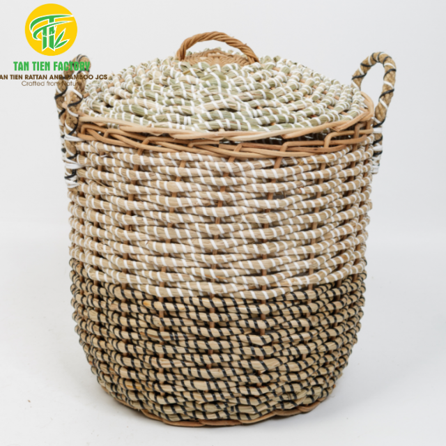 Handwoven Seagrass Storage Basket with Lid and Handles, Two-Tone Round