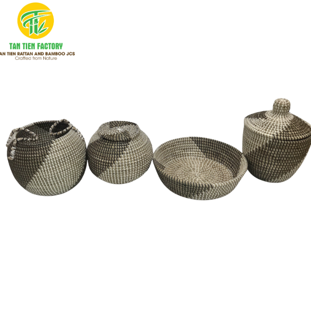 Handwoven Seagrass Storage Baskets Set of 4 with Lids: Two-Tone Natural Home Organizer
