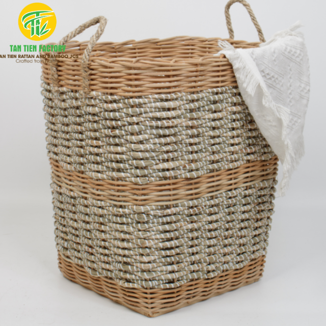 Handwoven Tall Seagrass Storage Basket with Handles, Sage Green & Natural