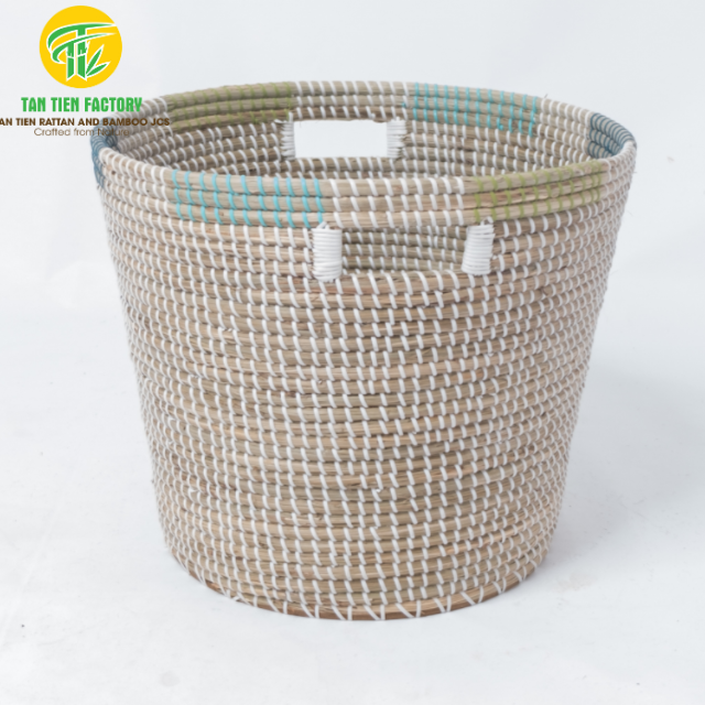 Handwoven Tapered Seagrass Storage Basket with Hand Holes, Natural & Pastel Accents
