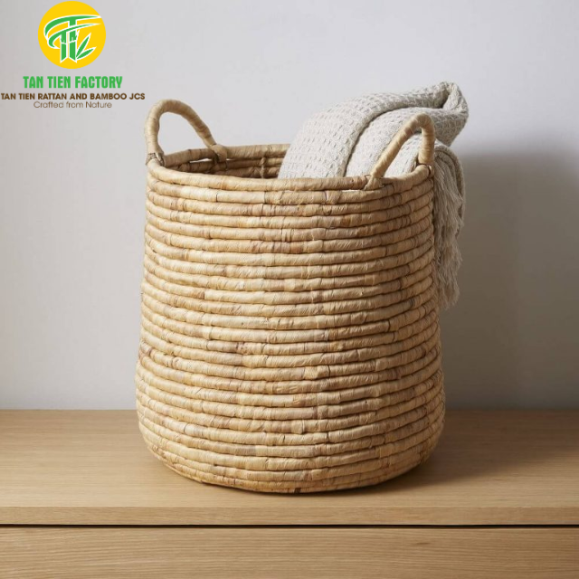 Handwoven Water Hyacinth Storage Basket, Coiled Weave, Natural, Two Handles