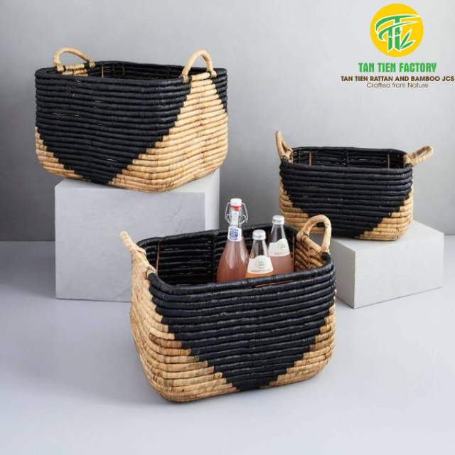 Handwoven Water Hyacinth Storage Basket, Rectangular, Black Triangle Pattern