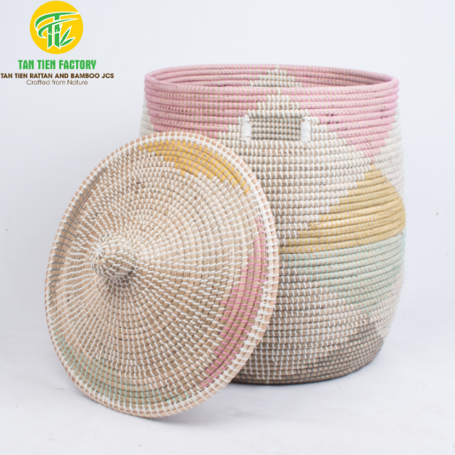 Large Seagrass Laundry Basket with Lid, Pastel Pink, Yellow and Mint Pattern