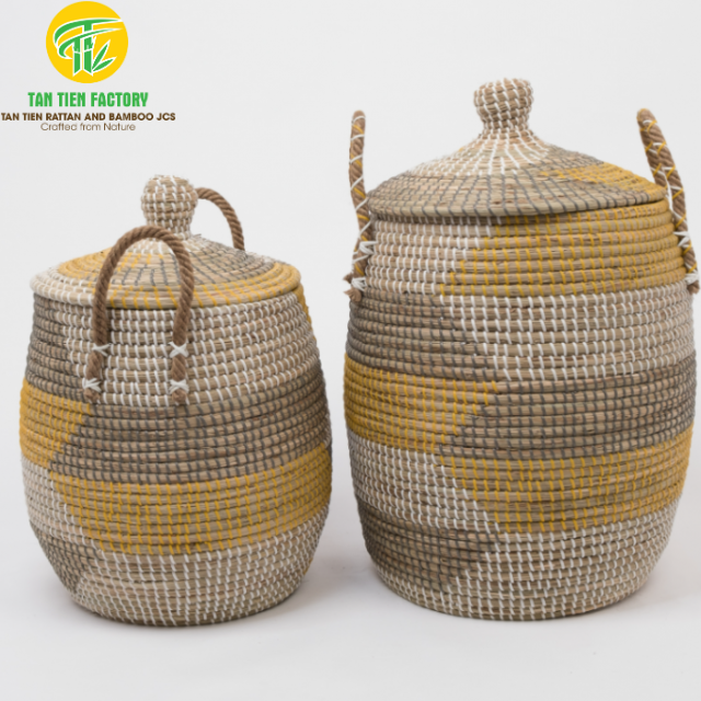 Laundry Baskets with Lids, Mustard Yellow and Grey Pattern
