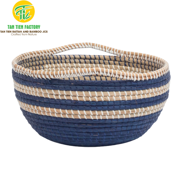 Navy Blue Striped Seagrass Bowl Basket with Raised Rim Handle