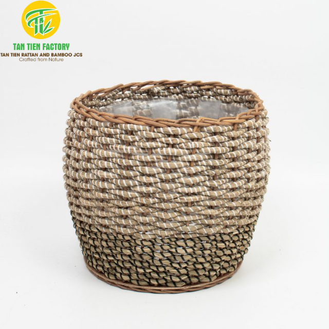 Rattan and Bamboo Storage Basket, Round Belly Shape, Natural with Dark Base
