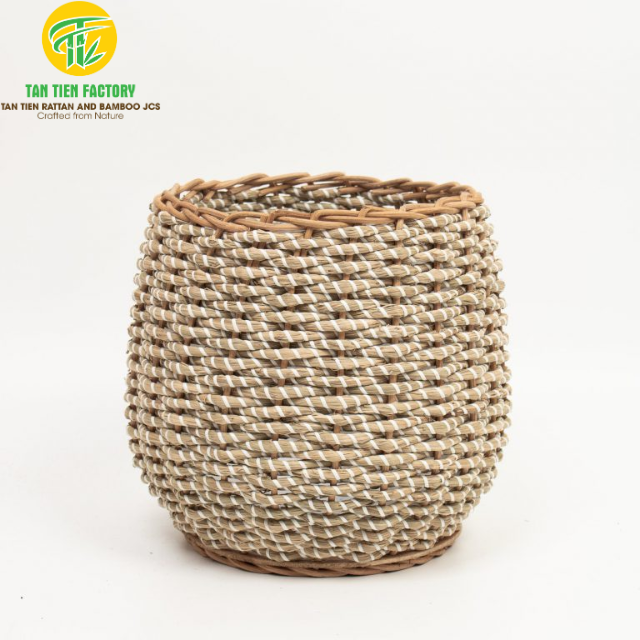 Rattan and Bamboo Storage Basket, Round, Natural, Rounded Belly Shape