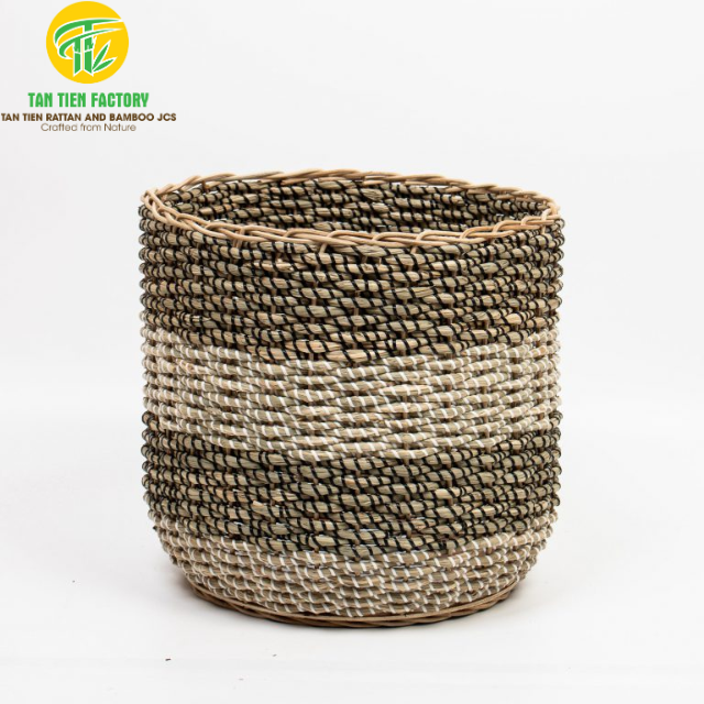 Rattan and Bamboo Woven Storage Basket, Natural Rattan Rim, Black and Cream Bands