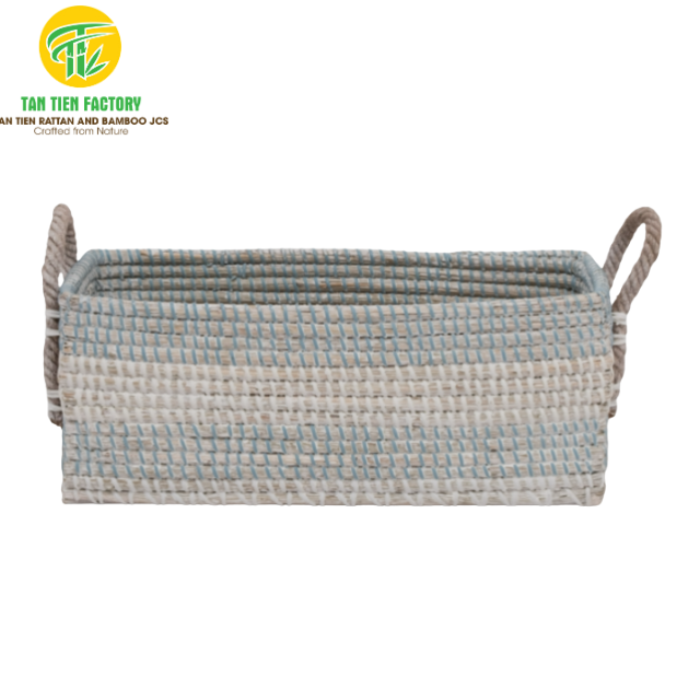 Rectangular Seagrass Storage Basket with Light Blue Stripes and Rope Handles