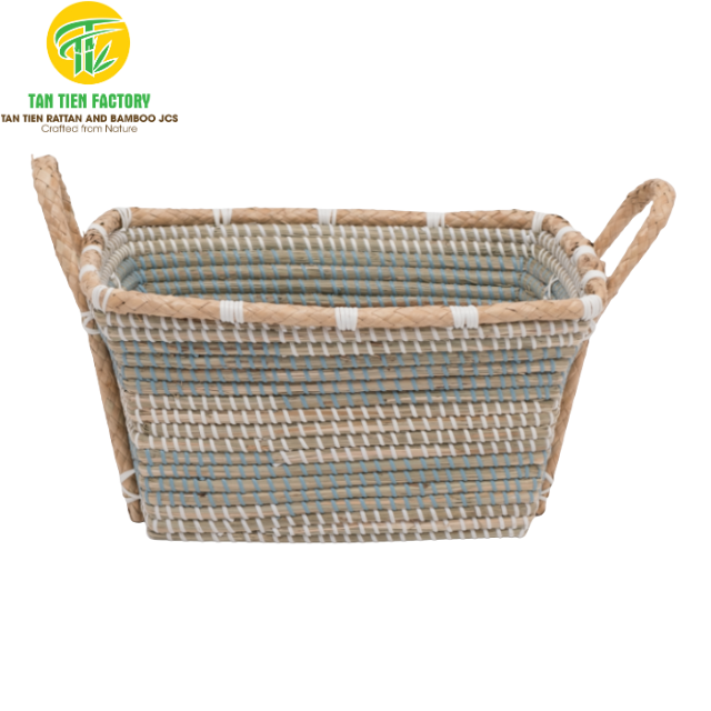 Rectangular Seagrass Storage Basket with Sage Blue Stripes and Rope Handles 