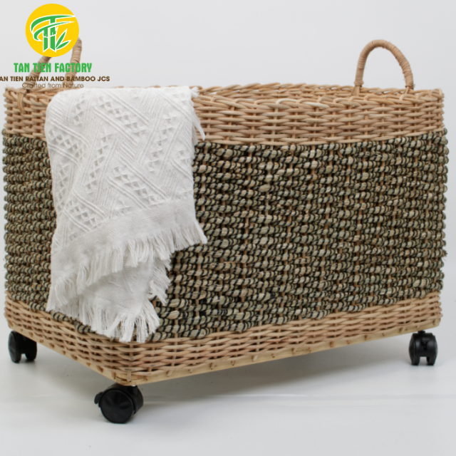 Rolling Seagrass Laundry Basket with Carry Handles, Dark Natural