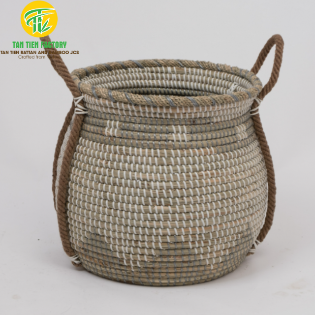 Round Belly Seagrass Storage Basket with Grey Accents and Long Rope Handles