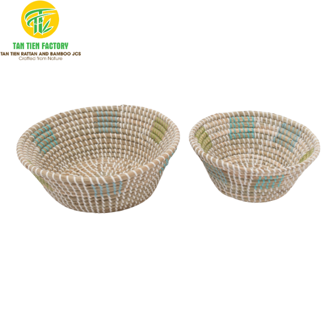 Round Seagrass Bowl Baskets with Aqua and Green Accents