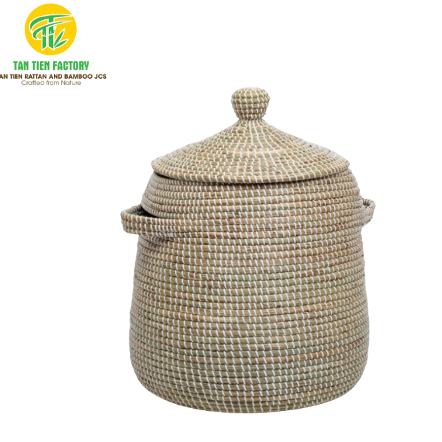 Round Seagrass Laundry Basket with Lid and Side Handles