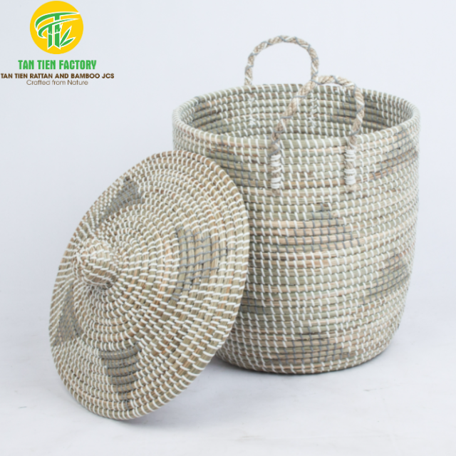 Seagrass Laundry Basket with Lid and Grey Geometric Pattern