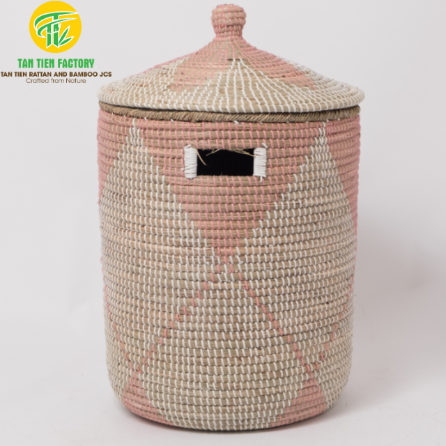 Seagrass Laundry Basket with Lid and Pink Diamond Pattern