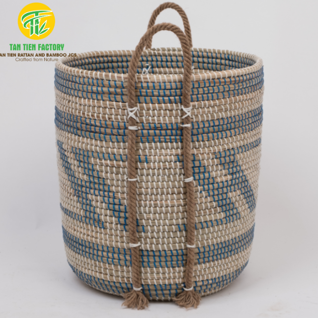 Seagrass Storage Basket with Blue Zigzag Pattern and Rope Handles
