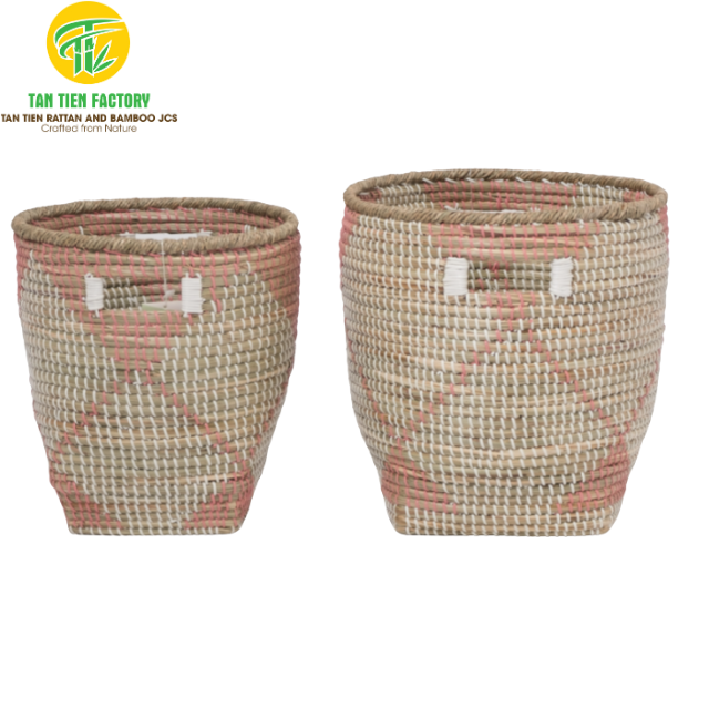 Seagrass Storage Baskets with Pink Diamond Pattern and Built-in Handles