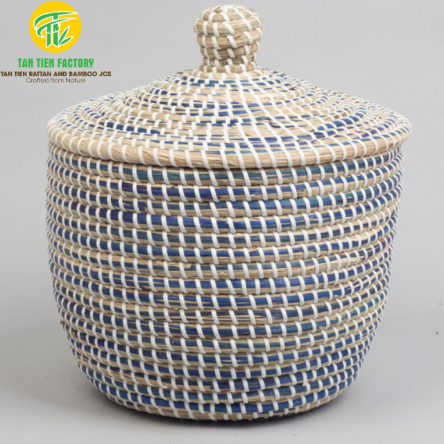 Small Seagrass Storage Basket with Lid and Blue Striped Weave