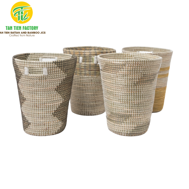 Tall Seagrass Storage Baskets Set of 4: Handwoven Tapered Laundry & Home Organizer with Accent Patterns