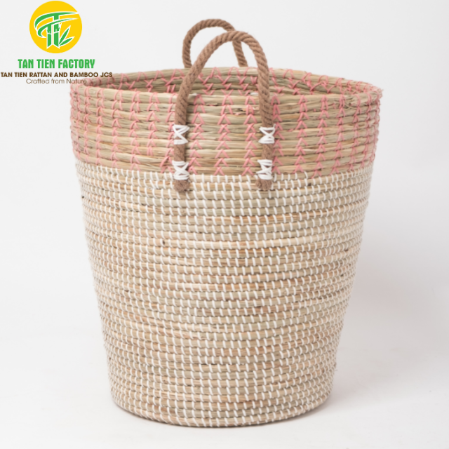 Tapered Seagrass Storage Basket with Pink Rim and Rope Handles