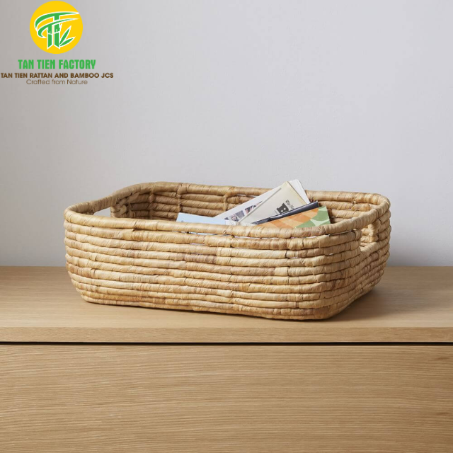 Water Hyacinth Storage Basket, Rectangular, Natural, with Cut-Out Handles