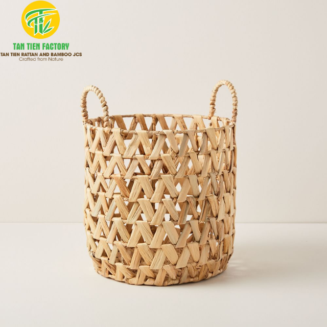 Water Hyacinth Storage Basket, Tall Round, Open Weave, Natural, with Loop Handles