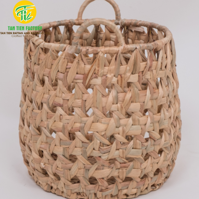 Water Hyacinth Storage Basket with Loop Handles, Chunky Woven, Natural